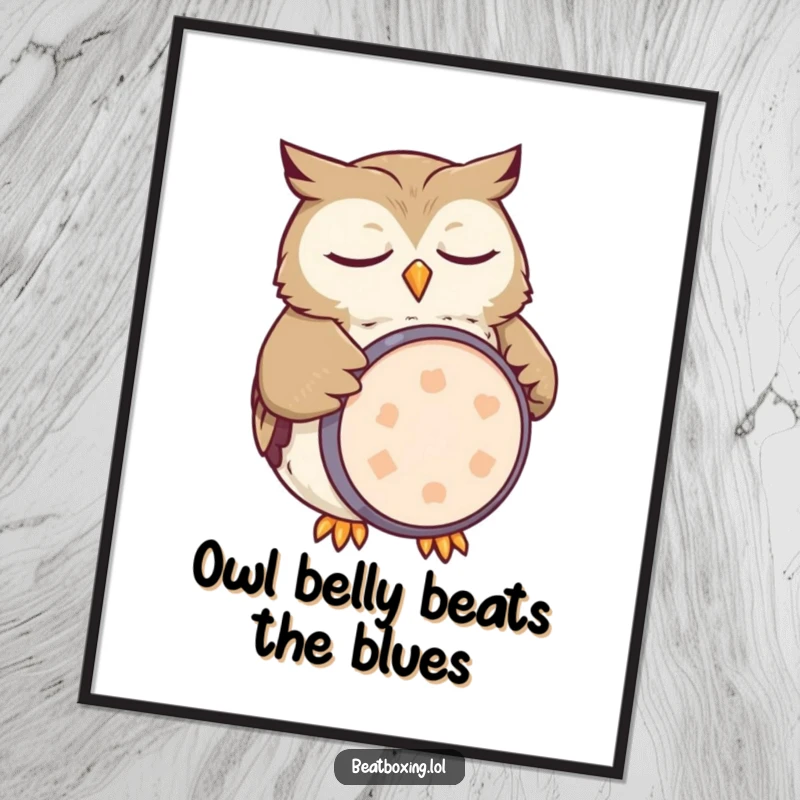 Funny free printable wall art of a sleepy owl, its belly acting as a kick drum.