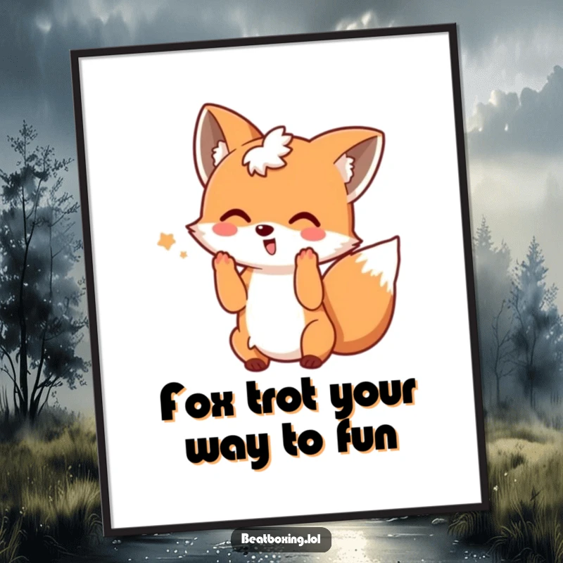 Funny Free Printable Wall Art: A playful fox with a wagging tail making beatboxing motions, depicted as a funky, dancing character.
