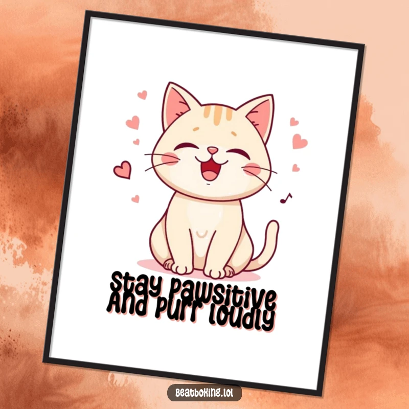 Funny Free Printable Cat Wall Art: A happy cat purring with playful meows, creating a soothing yet fun atmosphere. Hilarious downloadable decor.