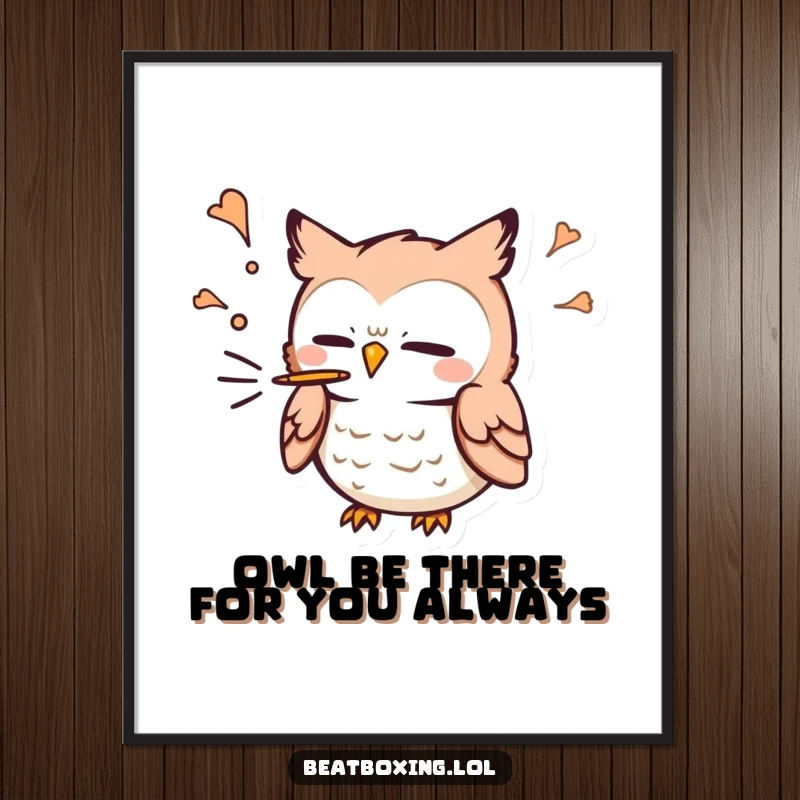 Funny Free Printable Owl Wall Art: A comical owl character forcefully blowing air out, making a 'P' sound.