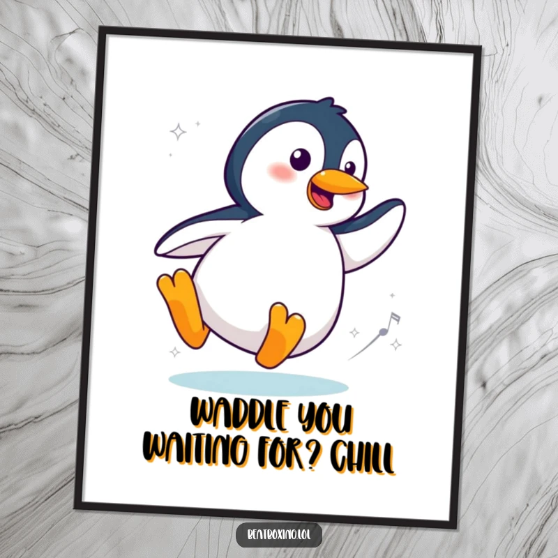 Funny Free Printable Penguin Wall Art: A cool penguin sliding and spinning with stylish flair, exuding confidence. Hilarious downloadable decor.