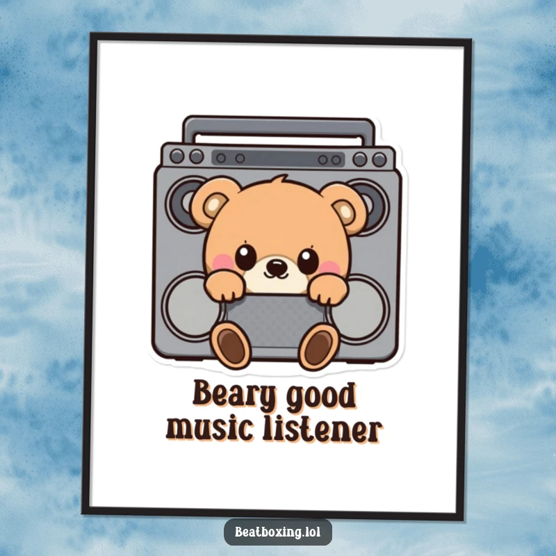 Funny Free Printable Wall Art: A curious bear peeks from behind a boombox, showcasing its wide-eyed wonder.