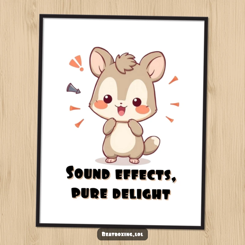 Funny Free Printable Wall Art of a curious animal character playfully experimenting with a multitude of interesting sound effects, truly unique.