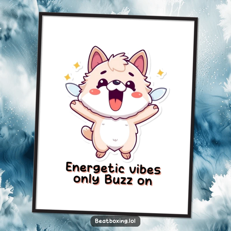 Funny Free Printable Wall Art depicting a fuzzy animal buzzing with boundless energy and an ecstatic open mouth.