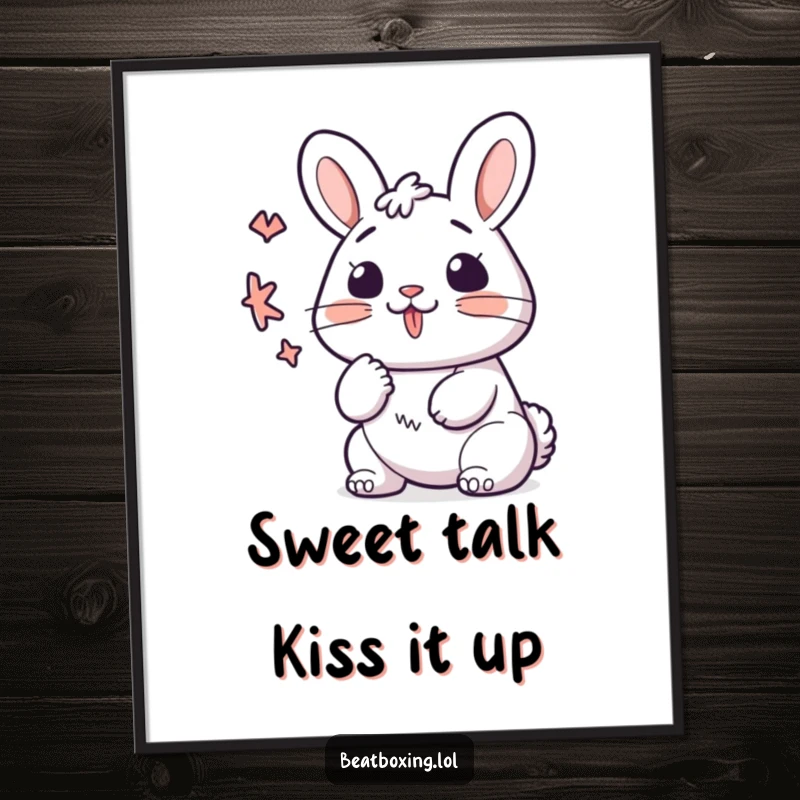 Funny Free Printable Wall Art: Kawaii bunny character making a K sound with quick, rhythmic lips, a charming illustration.