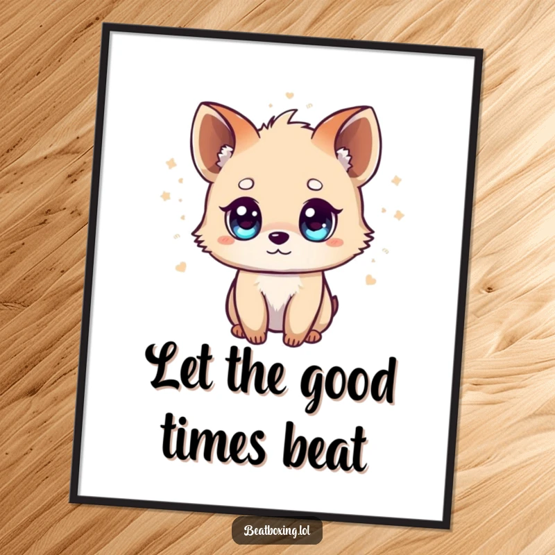 Funny Free Printable Wall Art, a tiny animal with bright eyes, surrounded by visual representations of energetic musical beats, joyful decor.
