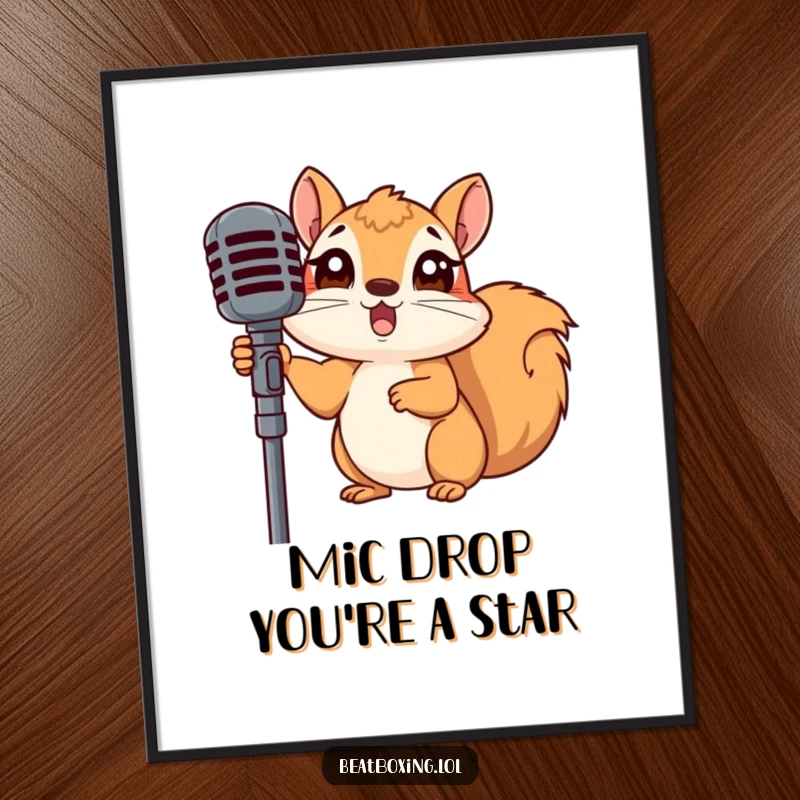 Funny Free Printable Wall Art: A cartoon squirrel with wide, surprised eyes peeking from behind a stage microphone, adding humor to decor.
