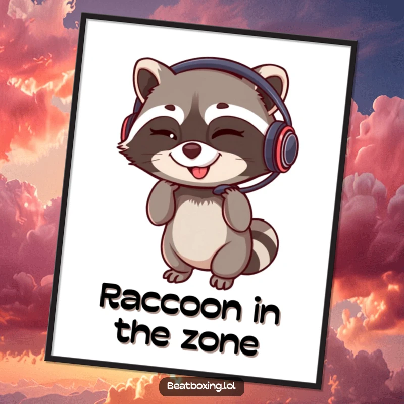 Funny Free Printable Wall Art: A winking raccoon confidently adjusting its headset with a rhythmic grin, embodying a cool DJ.