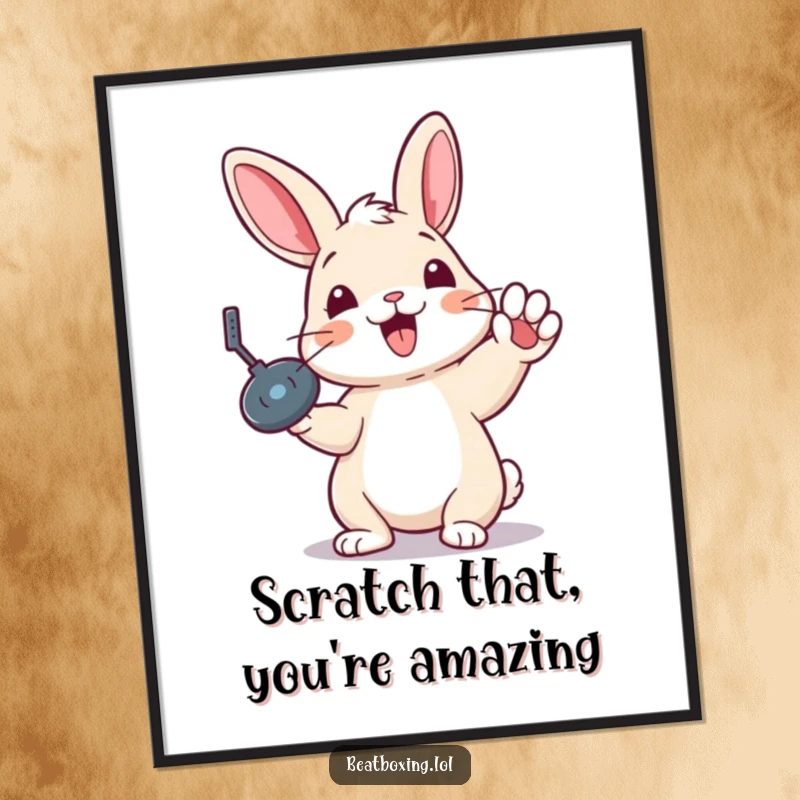 Funny Free Printable Wall Art: A rabbit with a delighted expression performs a classic record scratch with its paw.