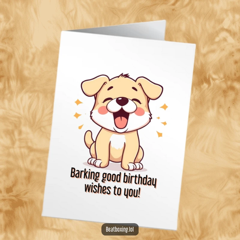 Funny Free Printable Puppy Birthday Card: An energetic puppy barking 'Woof! Woof!', ready to party. Hilarious downloadable art.