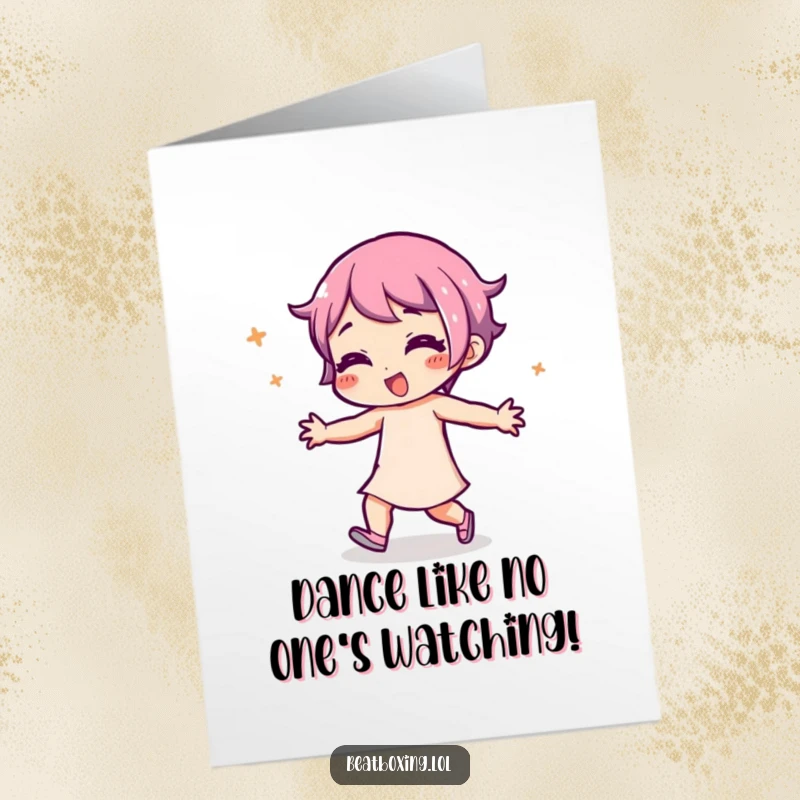 Funny free printable birthday card with a character joyfully dancing with a playful expression and body in rhythmic movement.