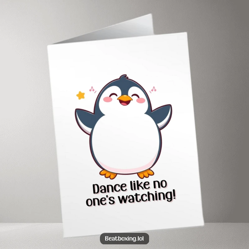 Funny free printable birthday card featuring a joyful penguin wiggling its hips and dancing to an internal beat.