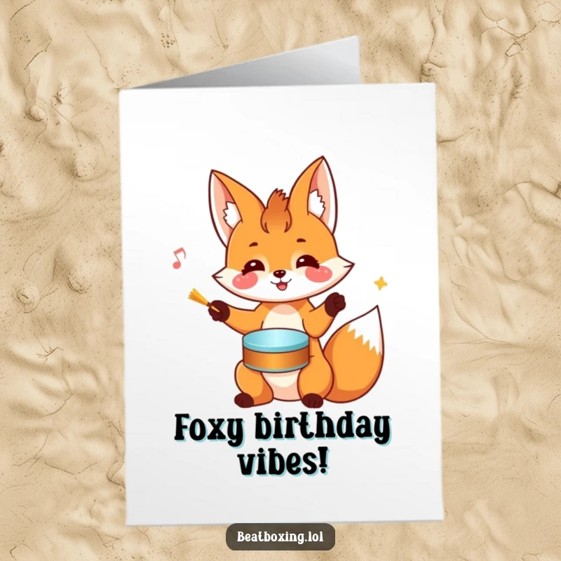 Funny Free Printable Birthday Card: Cheerful fox rhythmically drumming on its own head with its paws, celebrating.