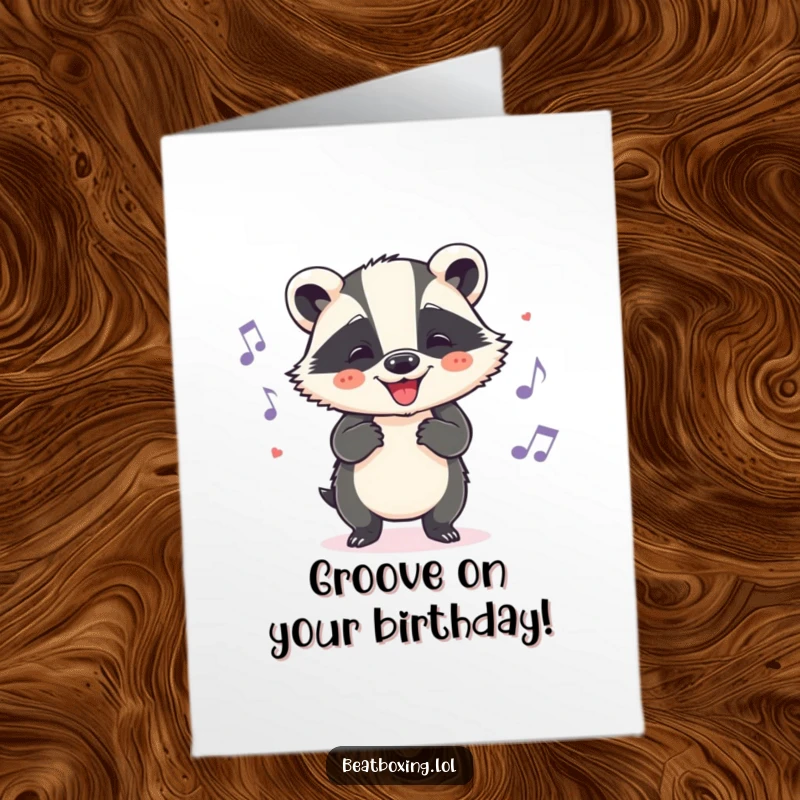 Funny free printable birthday card featuring a cheerful badger nodding its head energetically to a beat.