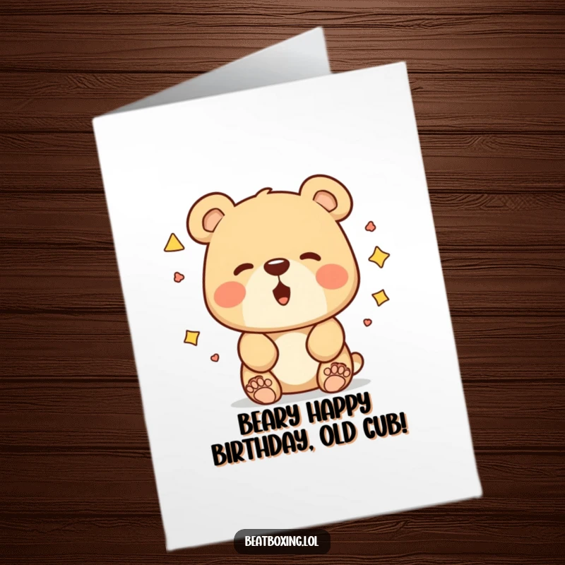 Funny Free Printable Bear Birthday Card: Curious bear experimenting with funny mouth shapes, creating unique sounds for a birthday wish.