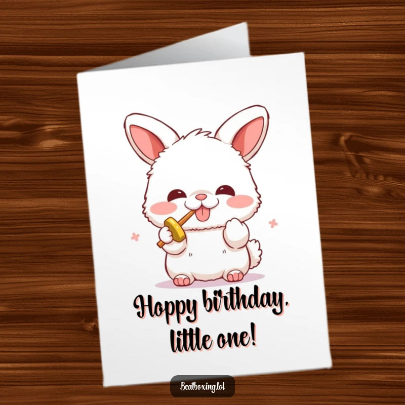 Funny Free Printable Birthday Card: A fluffy bunny enthusiastically makes beatboxing sounds with its mouth, radiating joy.