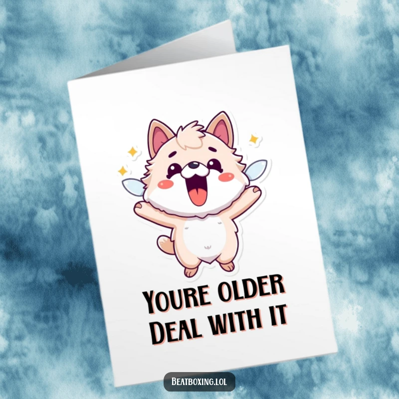 Funny Free Printable Birthday Card featuring a fuzzy animal character buzzing with energy and a wide open mouth.