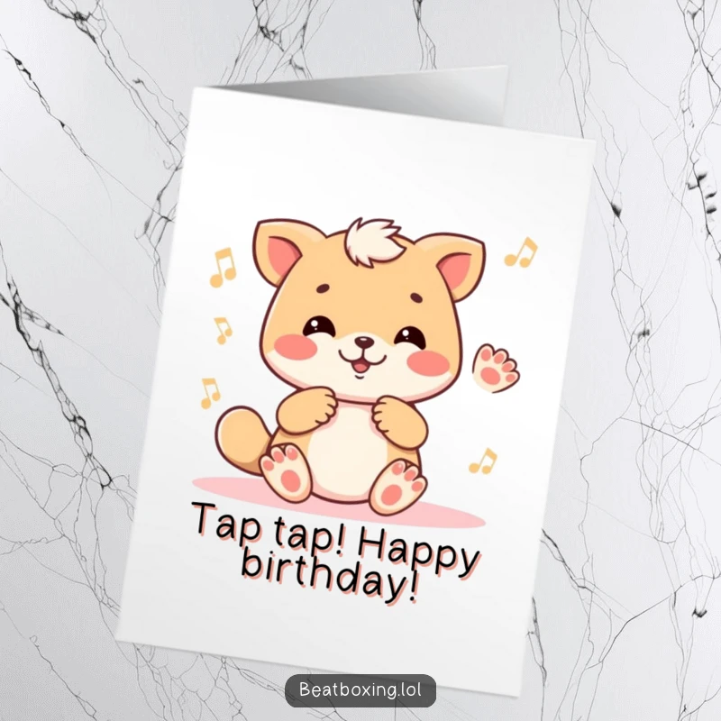 Funny Free Printable Birthday Card: Cute animal character energetically tapping its paws in a joyful, rhythmic beat.