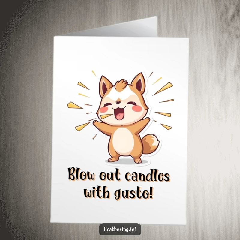Funny Free Printable Birthday Card featuring an animal intensely blowing air outwards, creating a rhythmic gust.