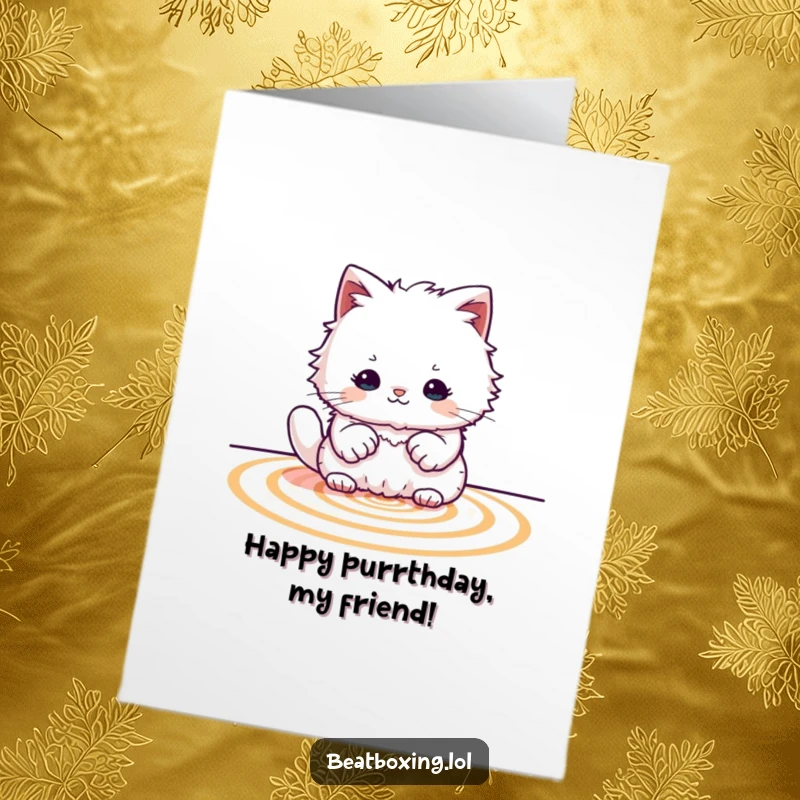 Funny Free Printable Birthday Card: Fluffy cat creating rhythmic paw patterns, a fun and musical greeting for a birthday.