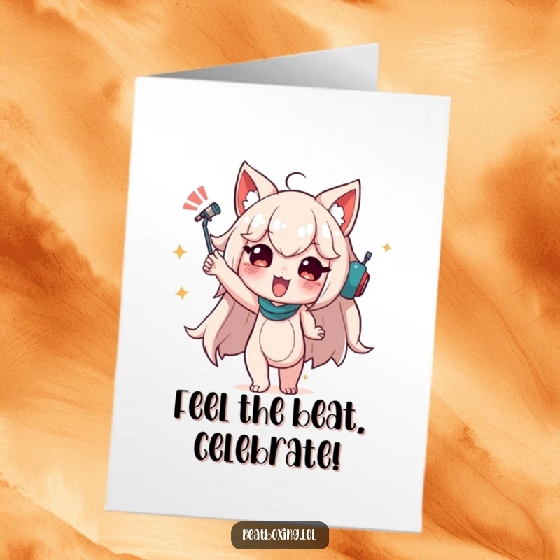 Funny free printable birthday card with a character in a dynamic pose conveying audible rhythm, full of life and motion.