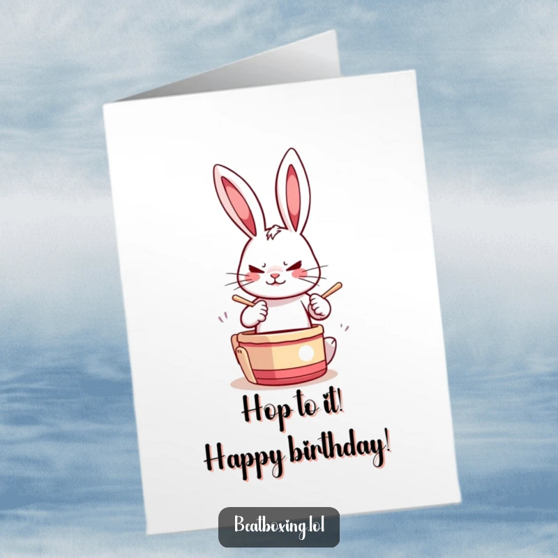 Funny Free Printable Rabbit Birthday Card: A determined rabbit drumming paws with rapid taps, ready for fun. Hilarious downloadable art.