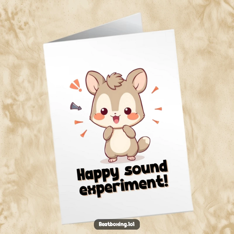 Funny Free Printable Birthday Card of a curious animal character playfully experimenting with various funny sound effects for their special day.