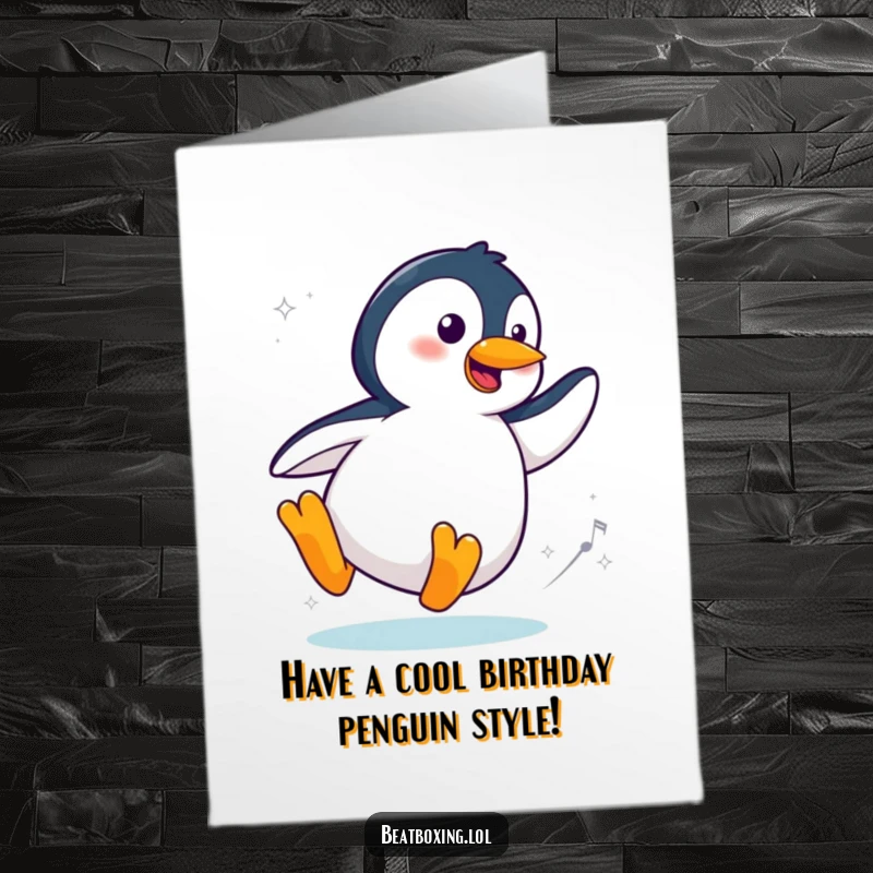 Funny Free Printable Penguin Birthday Card: A cool penguin sliding and spinning stylishly, ready to party. Hilarious downloadable art.