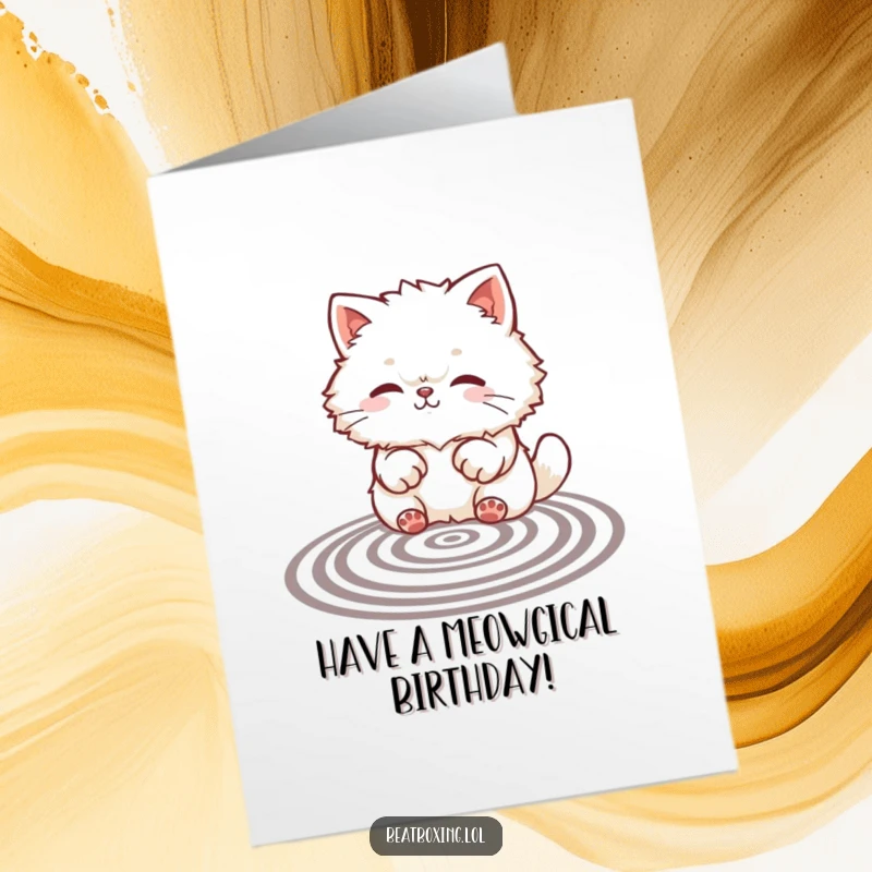 Funny Free Printable Birthday Card: A fluffy cat character rhythmically making patterns with its paws on a surface, celebrating with fun.