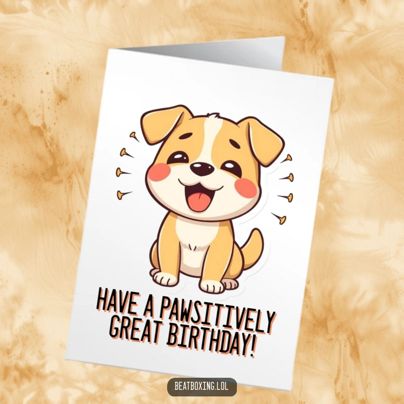 Funny Free Printable Dog Birthday Card: Happy dog barking rhythmically with sound waves, spreading birthday joy.