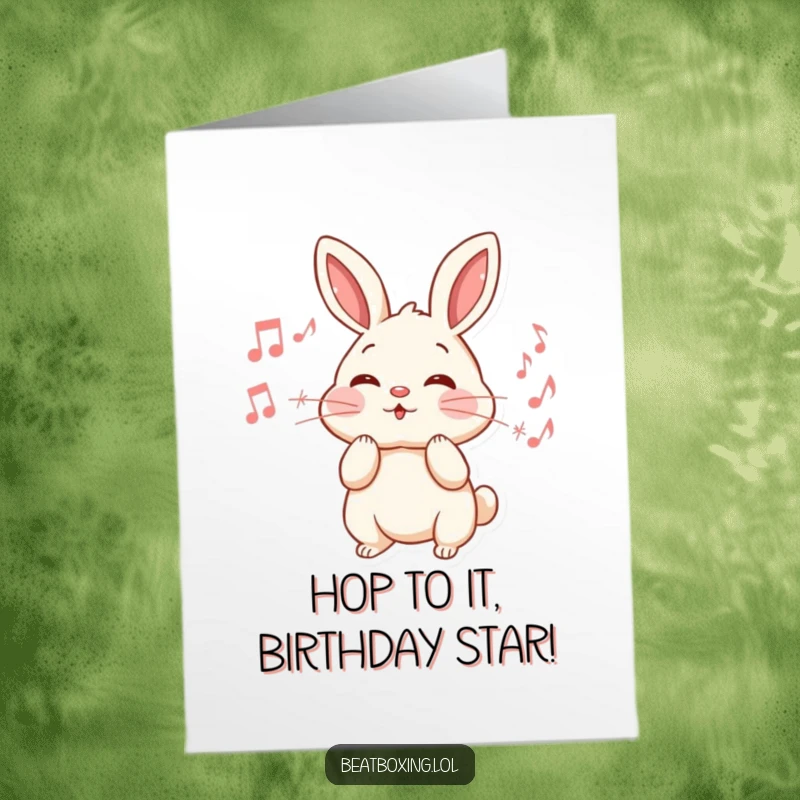 Funny Free Printable Birthday Card: Energetic rabbit puffing cheeks, releasing a happy melody of colorful musical notes.