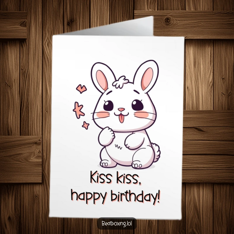 Funny Free Printable Birthday Card: Kawaii bunny character making a K sound with quick, rhythmic lips, very cute.