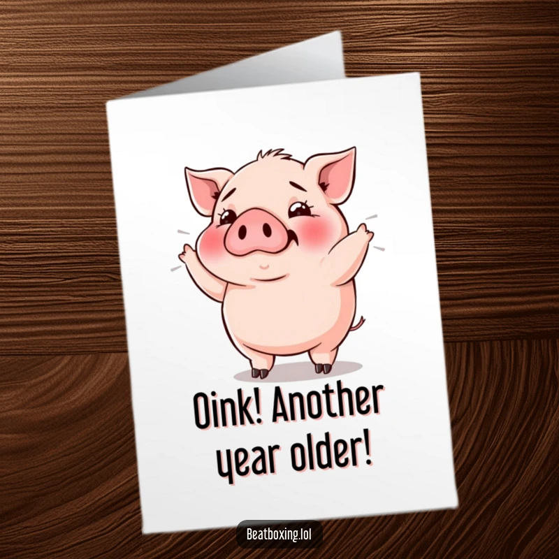 Funny Free Printable Birthday Card: Plump pig grunting rhythmically, with visible bass vibrations, celebrating a birthday download.