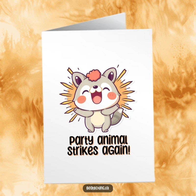 Funny Free Printable Birthday Card showing a playful animal character making a visual BOOM sound with energy.