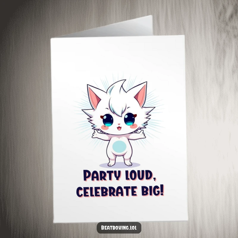 Funny free printable birthday card with an energetic character in a stance radiating sonic vibrations, full of birthday enthusiasm.