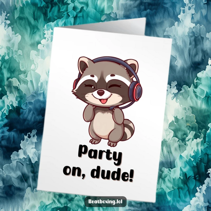 Funny Free Printable Birthday Card: A cool raccoon winking while adjusting headphones, ready to spin tunes for a birthday party.