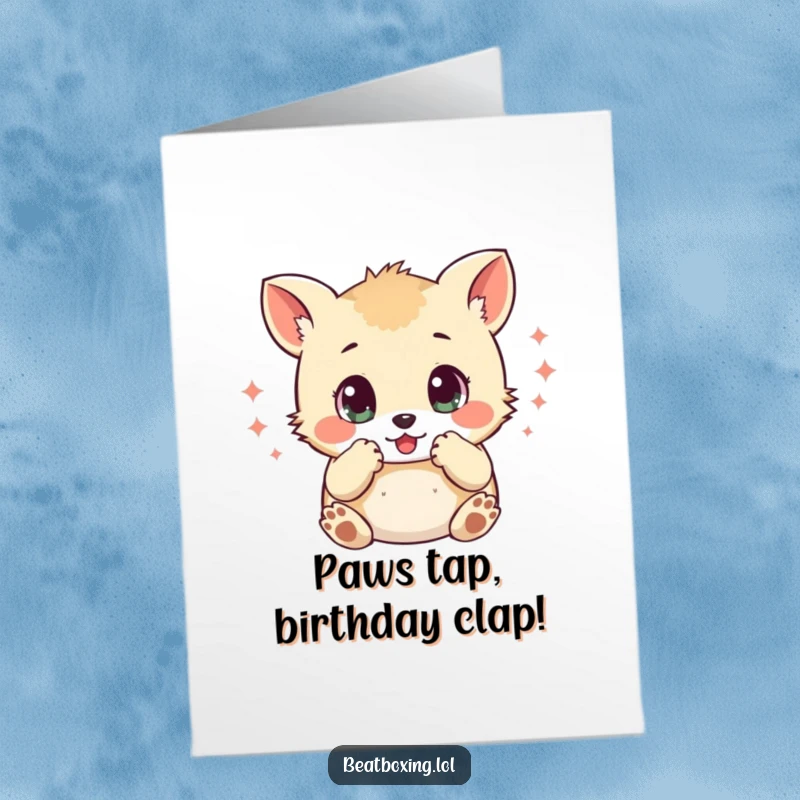 Funny Free Printable Birthday Card: Small animal with wide eyes, excitedly tapping paws to mimic percussive sounds.