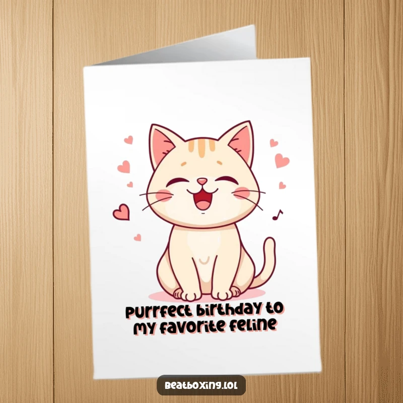Funny Free Printable Cat Birthday Card: A happy cat purring and meowing, ready to celebrate birthdays. Hilarious downloadable art.