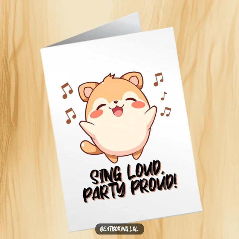 Funny Free Printable Birthday Card featuring a round, smiling animal character joyfully singing a beat, perfect for music fans.