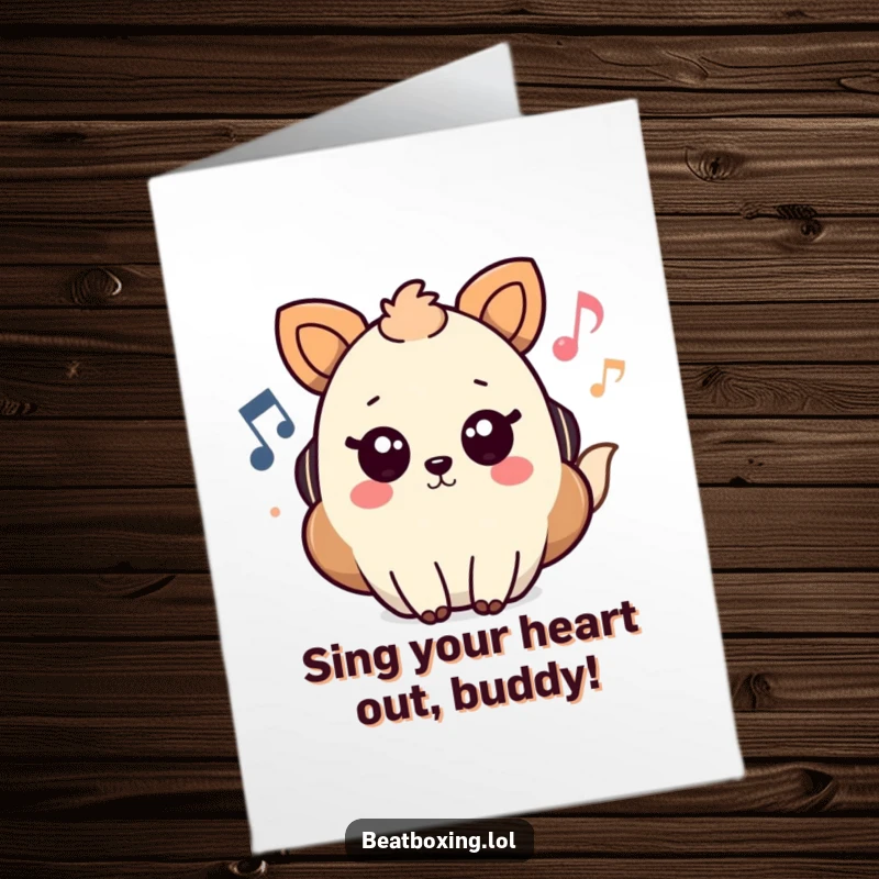 Funny free printable birthday card with an animal character with musical notes visually appearing, celebrating with sound.