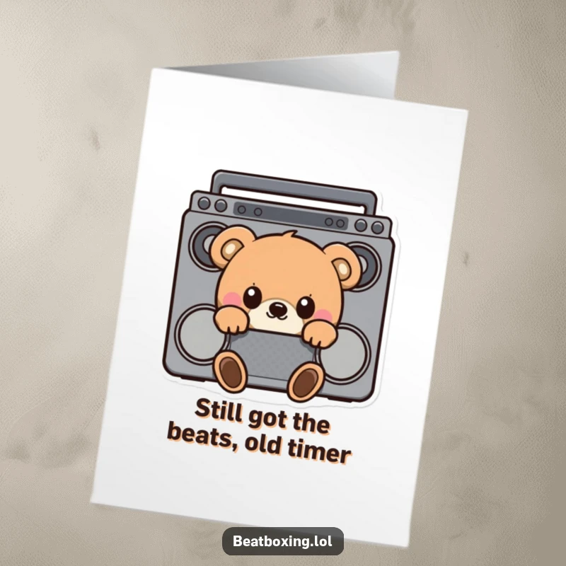 Funny Free Printable Birthday Card: Curious bear with wide eyes peeking from behind a retro boombox, ready to party.