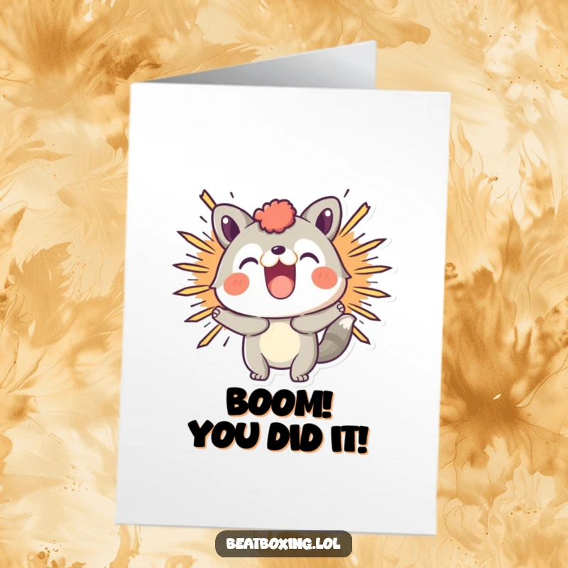 Funny Free Printable Congratulations Card featuring a playful animal character creating a visual BOOM, signifying achievement.