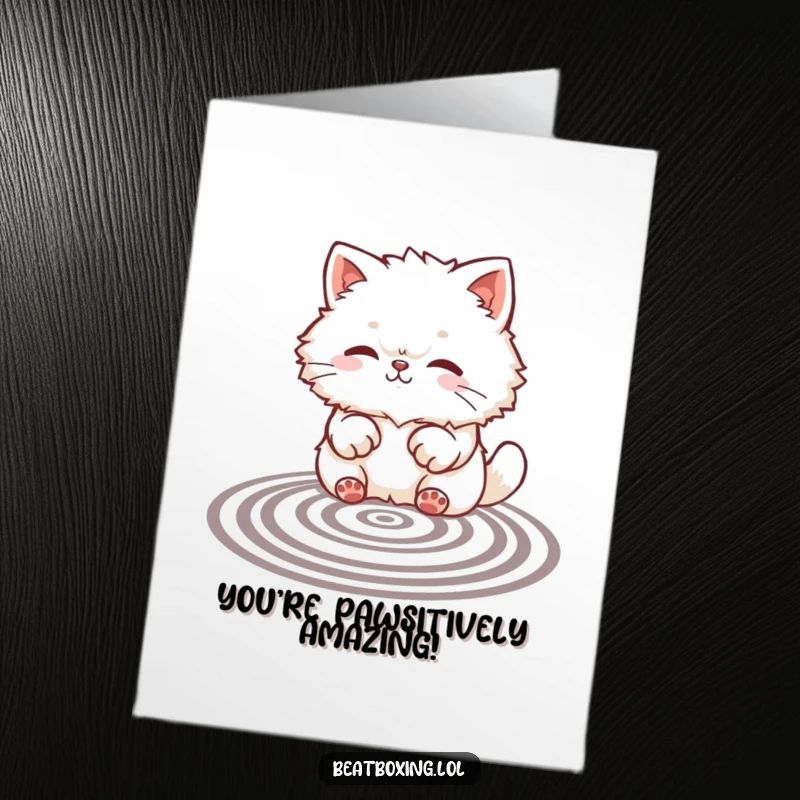 Funny Free Printable Congratulations Card: A fluffy cat character creating rhythmic paw patterns on a surface, celebrating achievement with quirky charm.