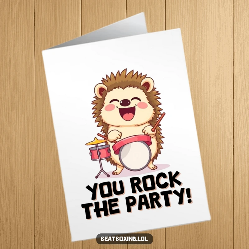 Funny Free Printable Congrats Card: A laughing hedgehog precariously balancing a miniature drum set, celebrating a successful moment.