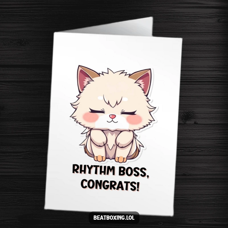 Funny Free Printable Congratulations Card: Furry character with eyes closed, concentrating deeply on creating a sophisticated rhythmic pattern.