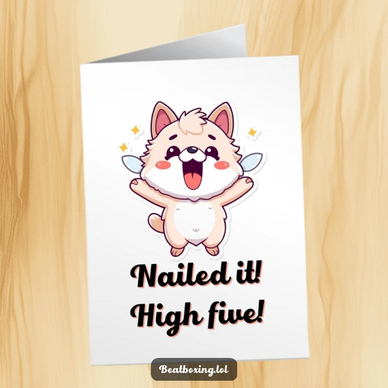 Funny Free Printable Congratulations Card showing a fuzzy animal character buzzing with excitement and a huge smile.