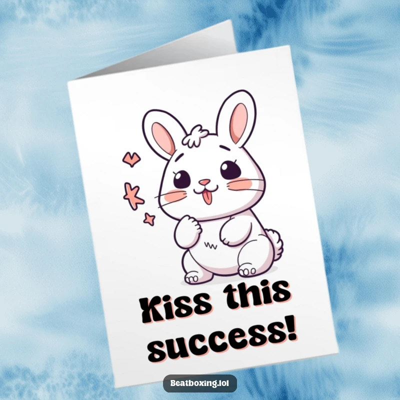 Funny Free Printable Congrats Card: Kawaii bunny character making a K sound with quick lips, celebrating an achievement.