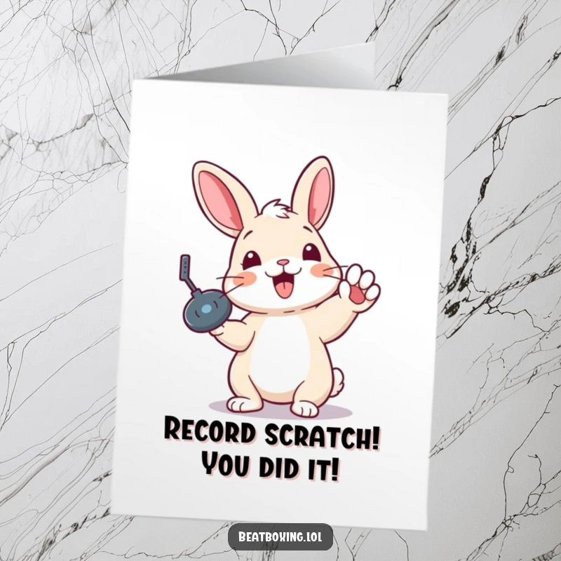 Funny Free Printable Congratulations Card: A delighted rabbit executes a perfect record scratch with its paw, celebrating your win.