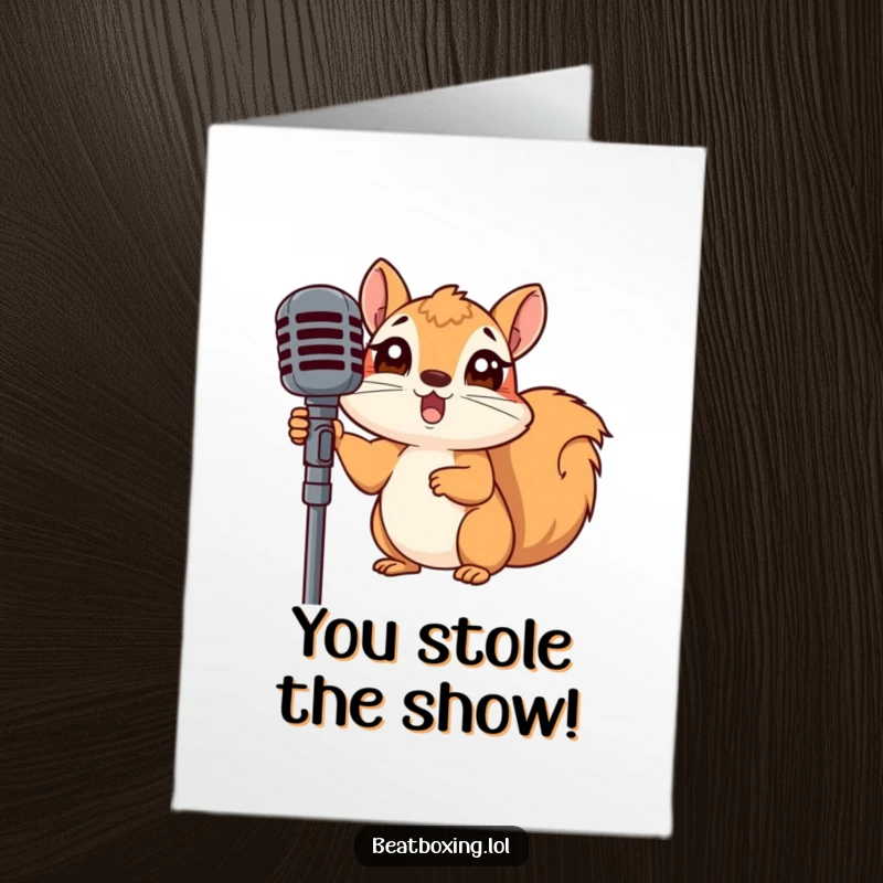 Funny Free Printable Congrats Card: A surprised squirrel peeking from behind a microphone, as if caught mid-performance, a unique congratulatory message.