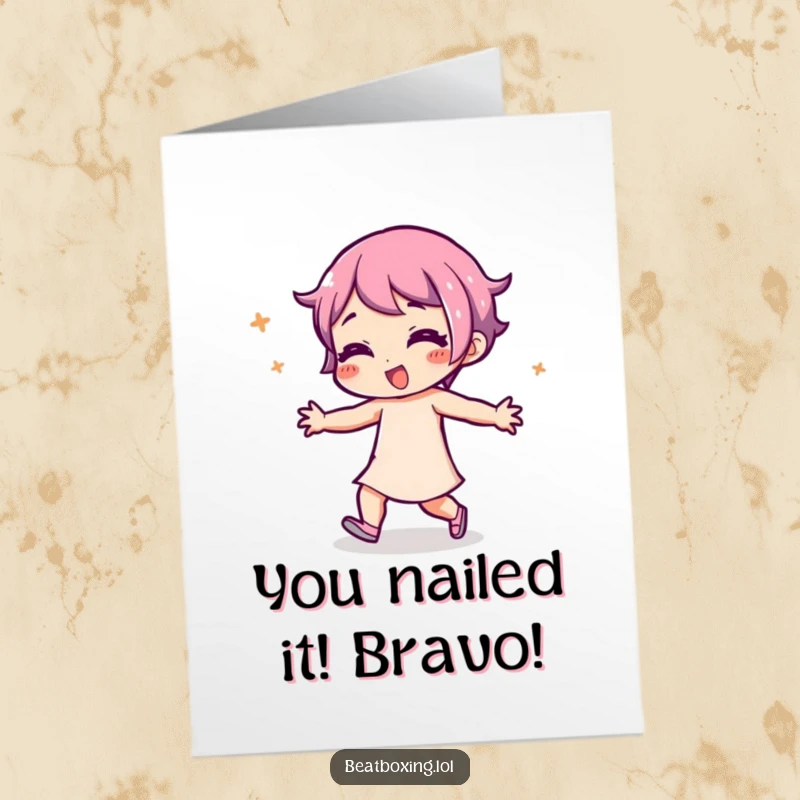 Funny free printable congratulations card featuring a character in a playful expression, body engaged in rhythmic movement, perfect for celebration.